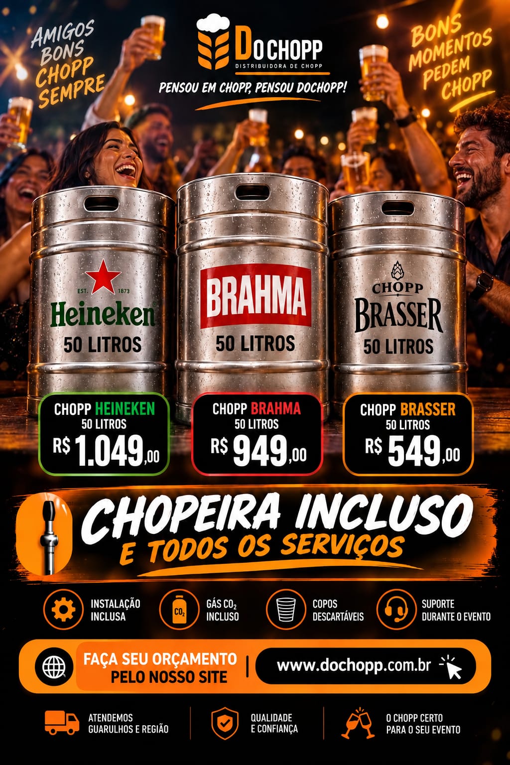 Oferta Do Chopp: chopeira completa + barril de 50L com Heineken, Brahma e Brasser